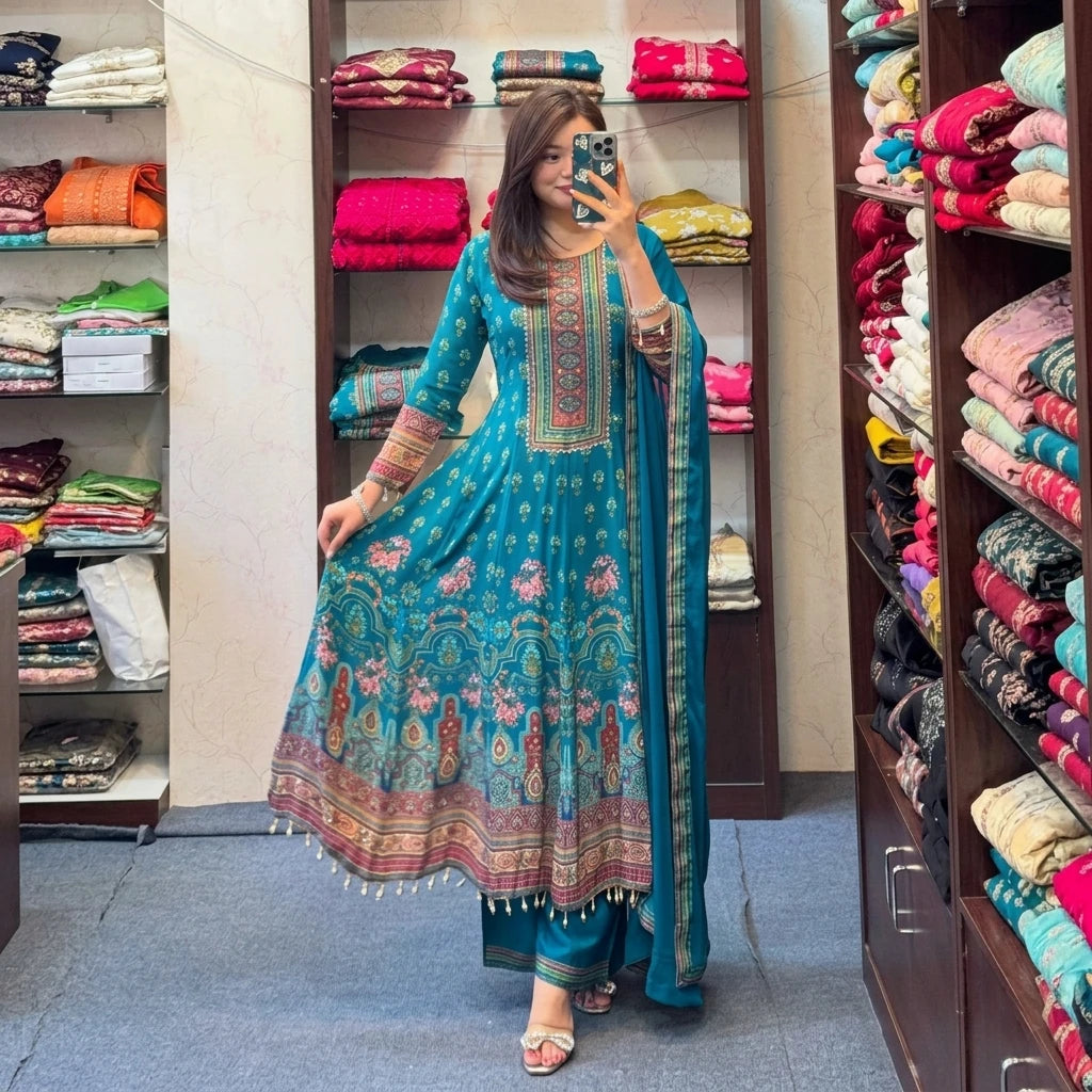 Vastra Creation's Rajasthani Full Anarkali Latkan Lace Round Set – 3 Piece